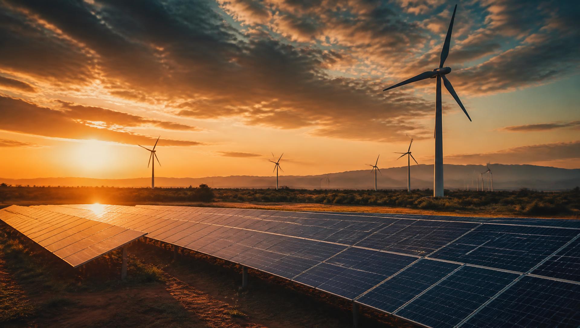 Solar farm and wind turbines at sunset